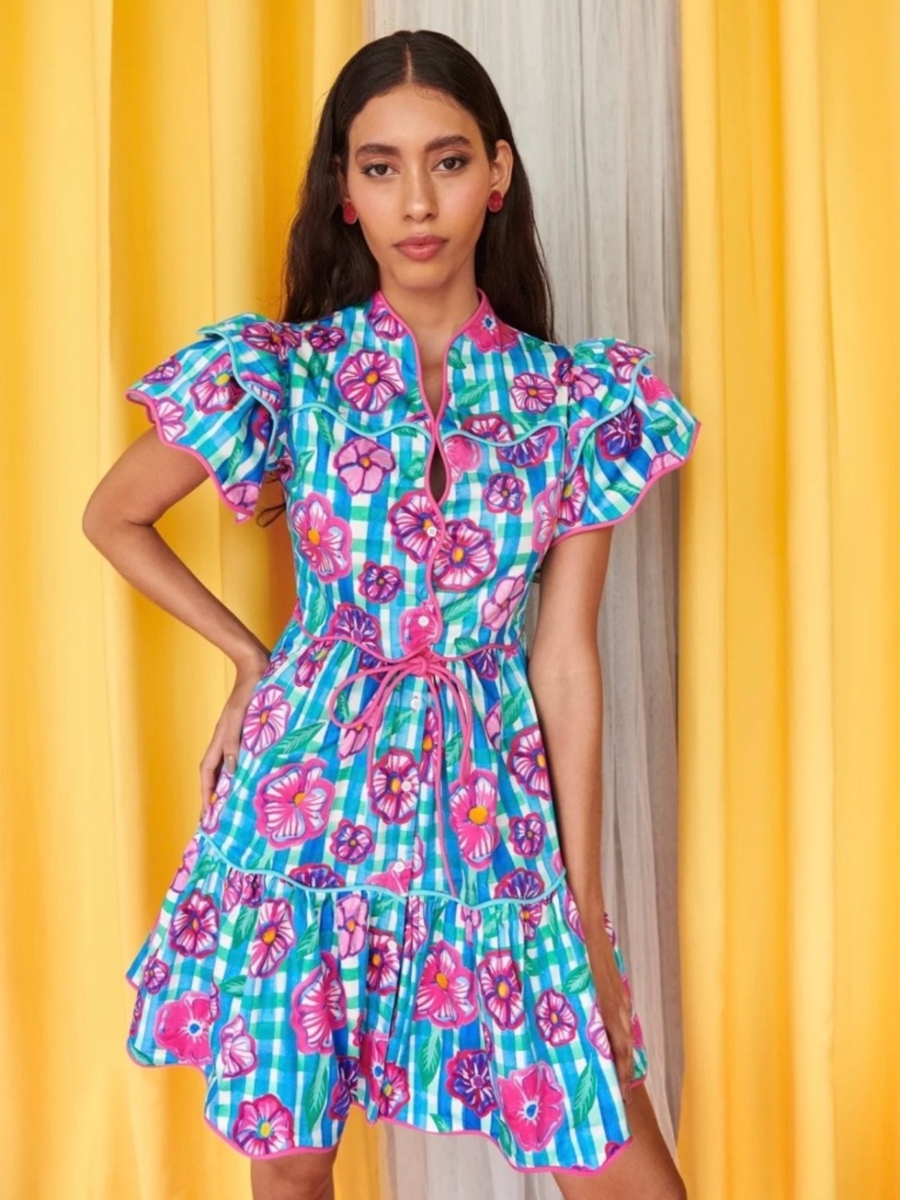 CeliaB Baba Voyager Floral Gingham Ruffle Mini Dress Multi Size M